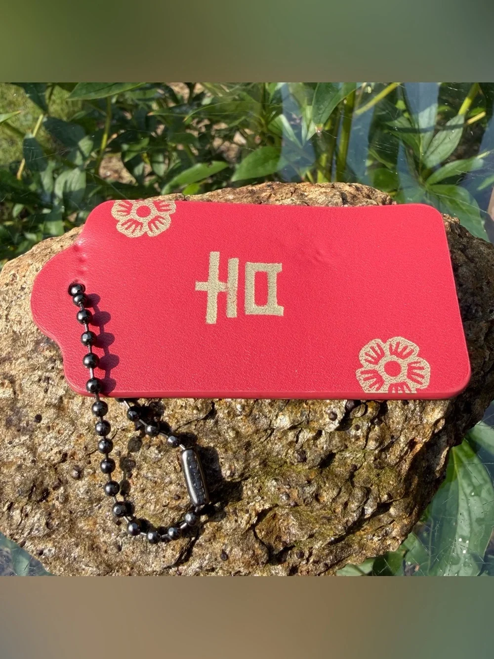 Coach Large Leather Hangtag with Ji & Tea Rose Print, 1 3/4” (L) × 3” (H)